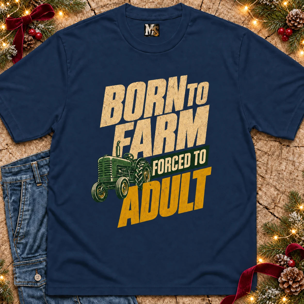 Navy Born to Farm T-shirt styled with evergreen and Christmas lights